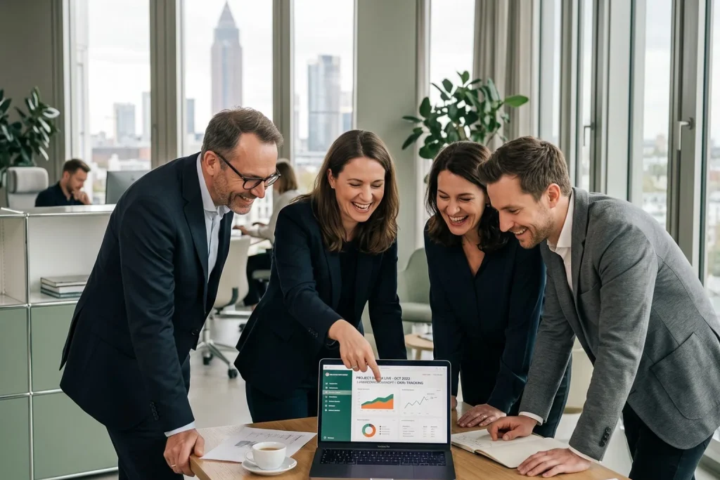 Team blickt gemeinsam lächelnd auf ein Kennzahlen-Dashboard auf einem Laptop-Bildschirm.