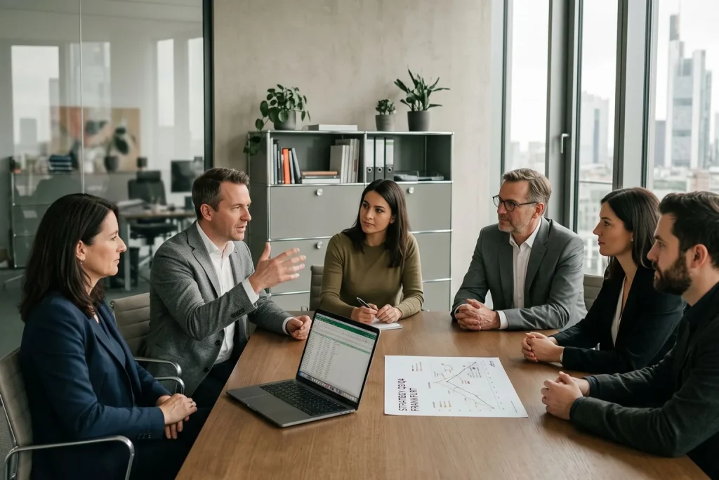 Team im Gespräch am Konferenztisch mit Strategiepapieren und Laptop, im Hintergrund ein modernes Büro mit Vitra-Stühlen.